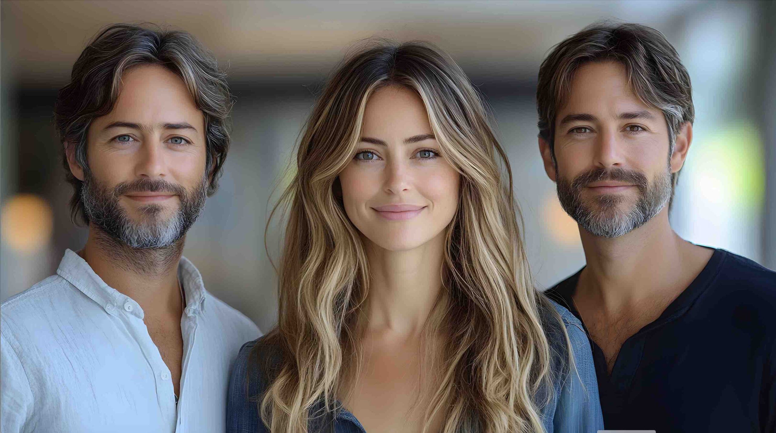 Three people smiling together