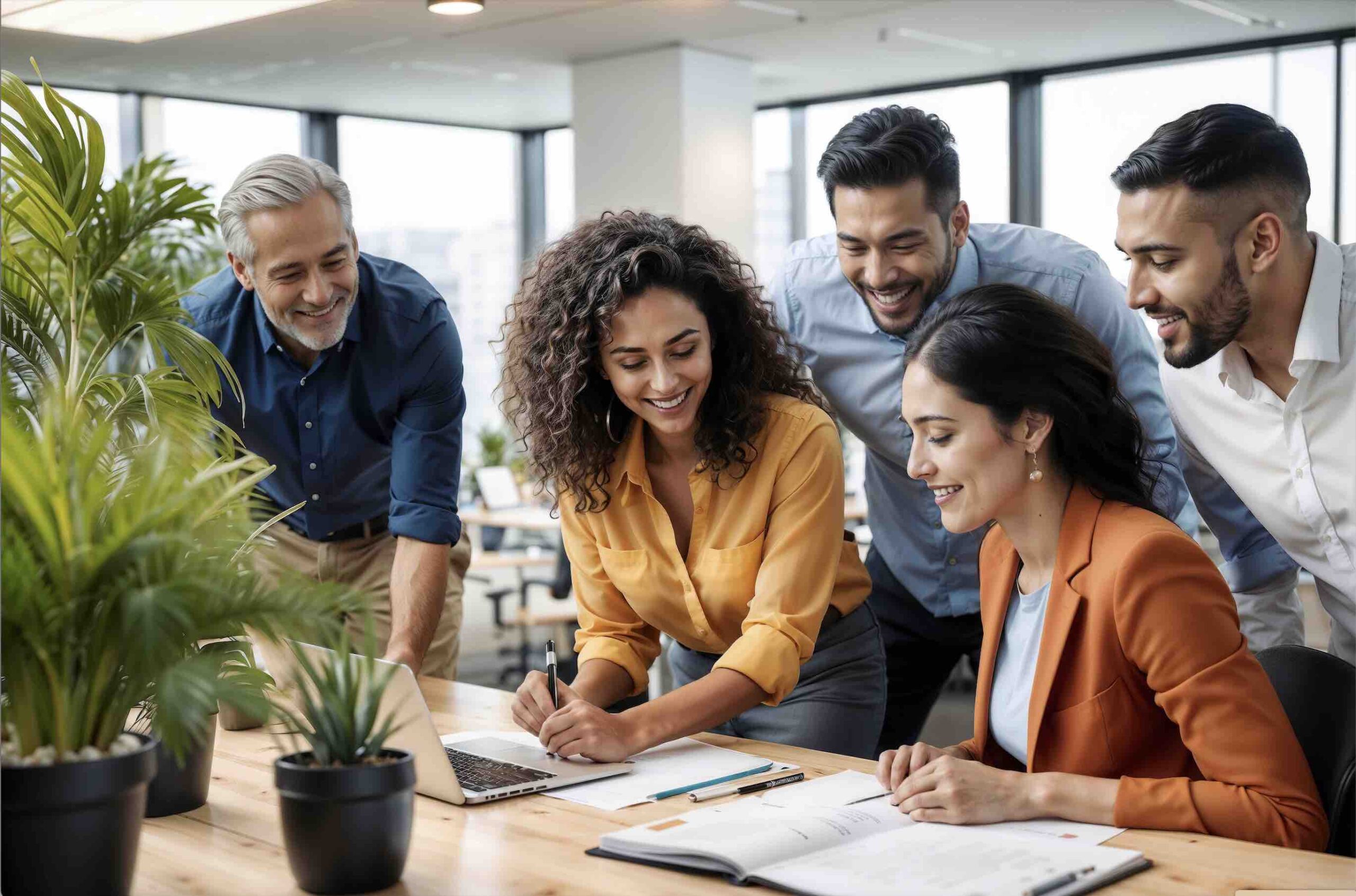 A team collaborating around a laptop in an office