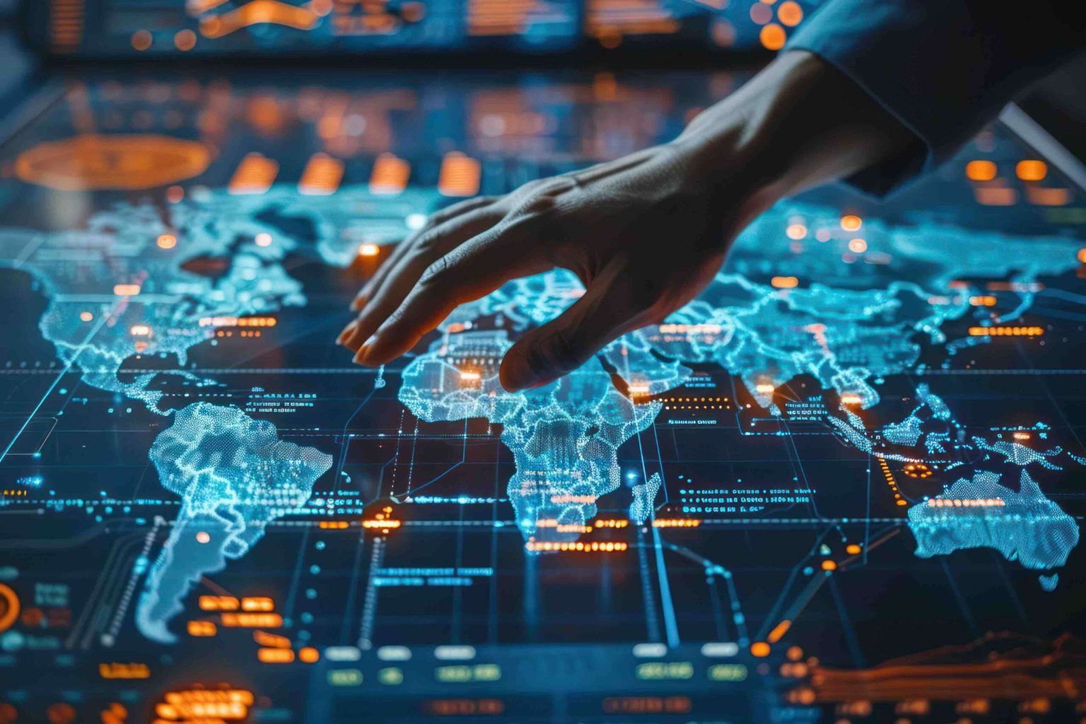 A hand navigating a glowing, data-rich world map on an interactive touchscreen