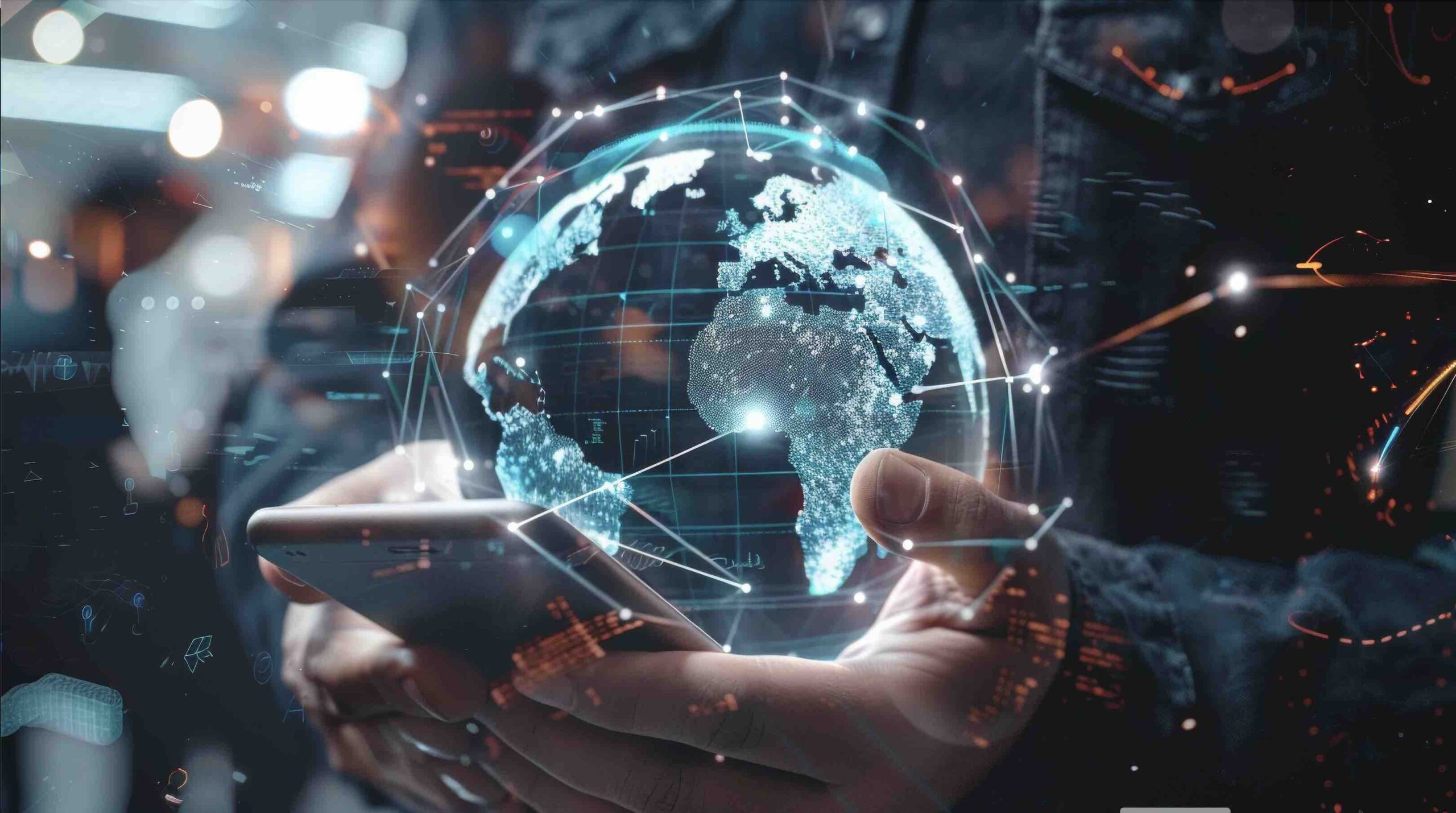 A hand holding a phone with a holographic global network above it
