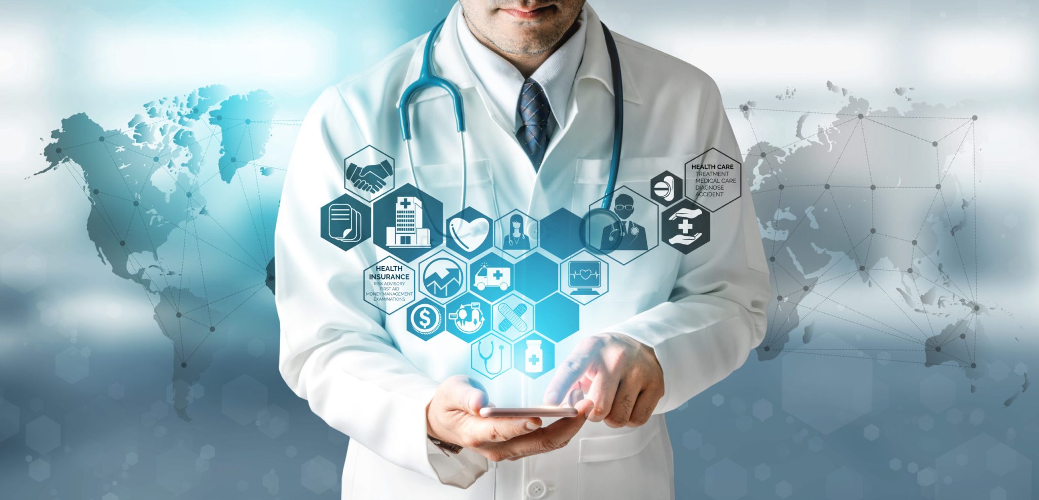 A doctor holding a phone surrounded by digital healthcare service icons