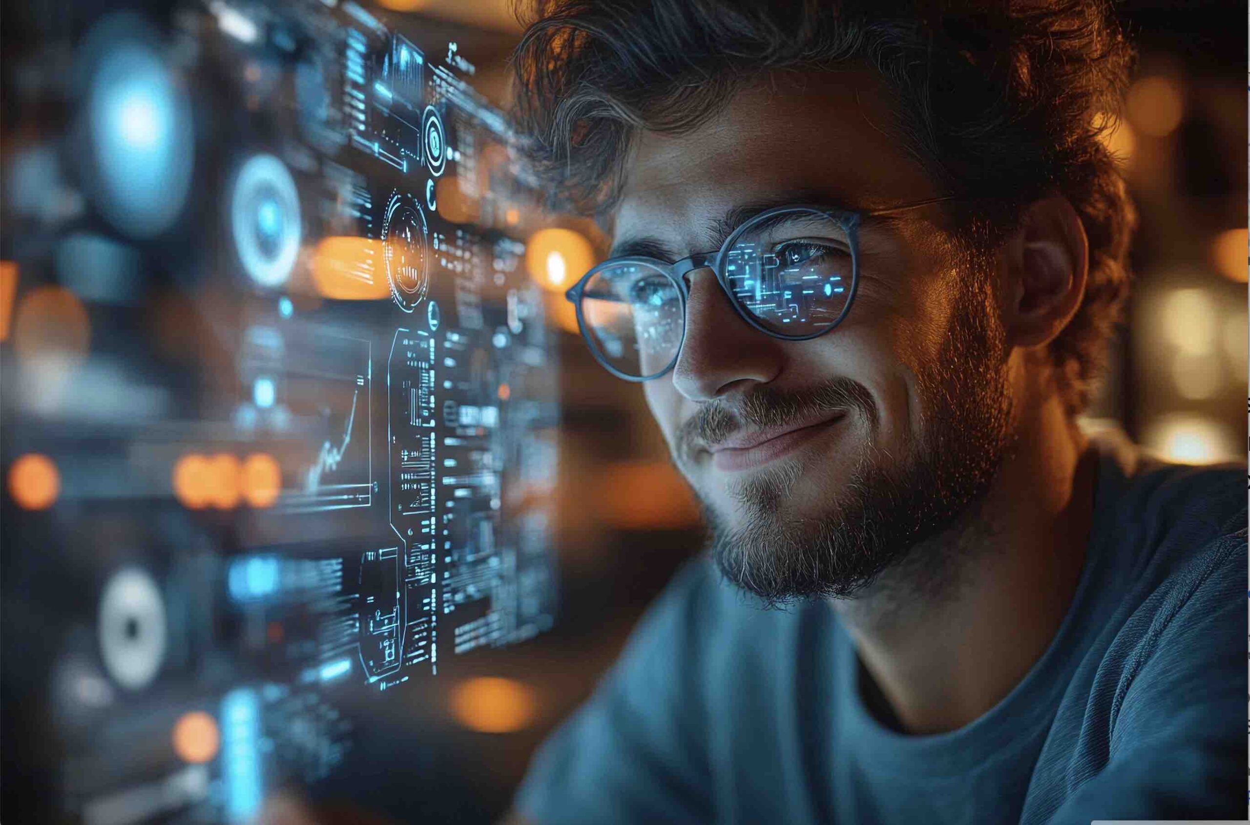 A man viewing data on a futuristic holographic interface