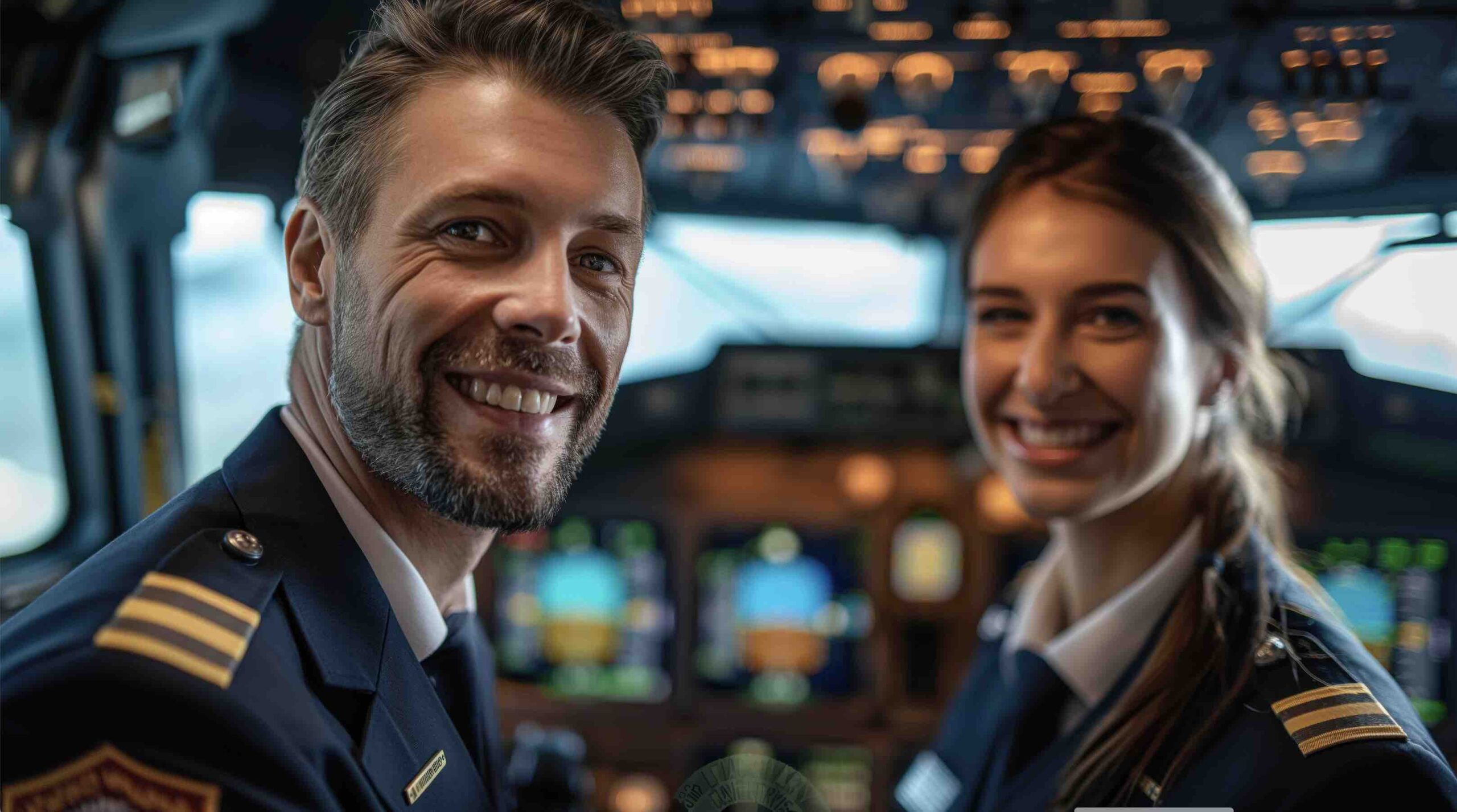 Two airline pilots smiling in the cockpit