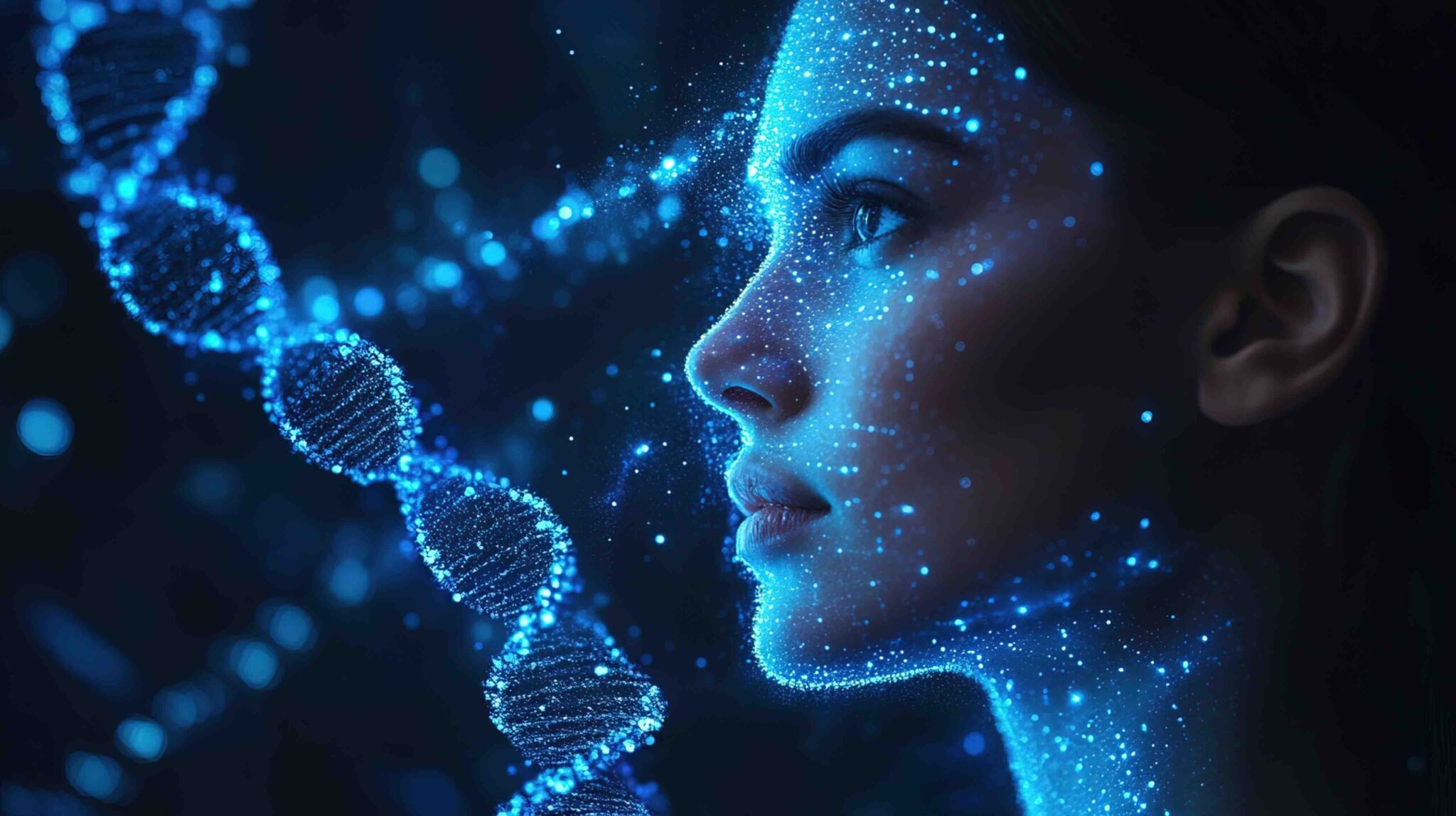 A woman's face in profile overlaid with a glowing digital health data network