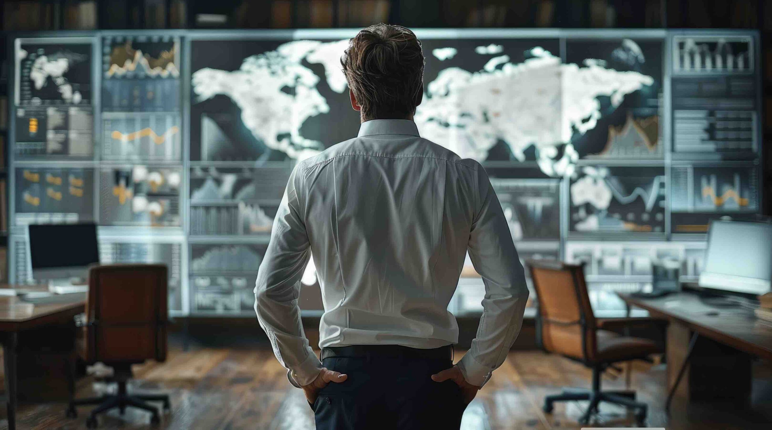 A professional viewing a wall of risk and analytics dashboards