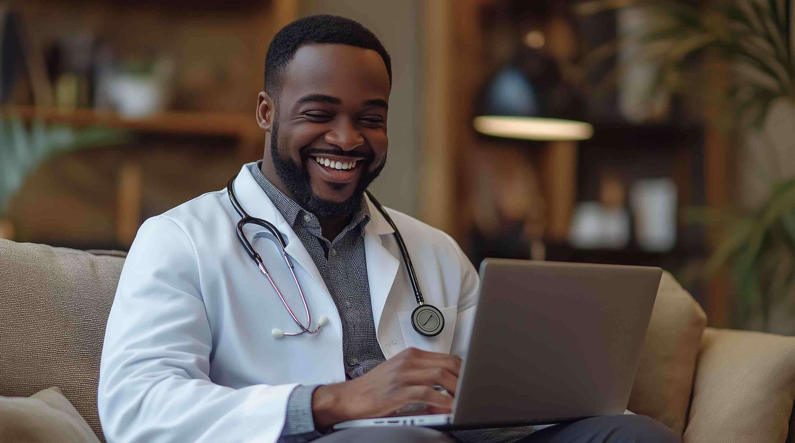 A smiling doctor working on a laptop at home