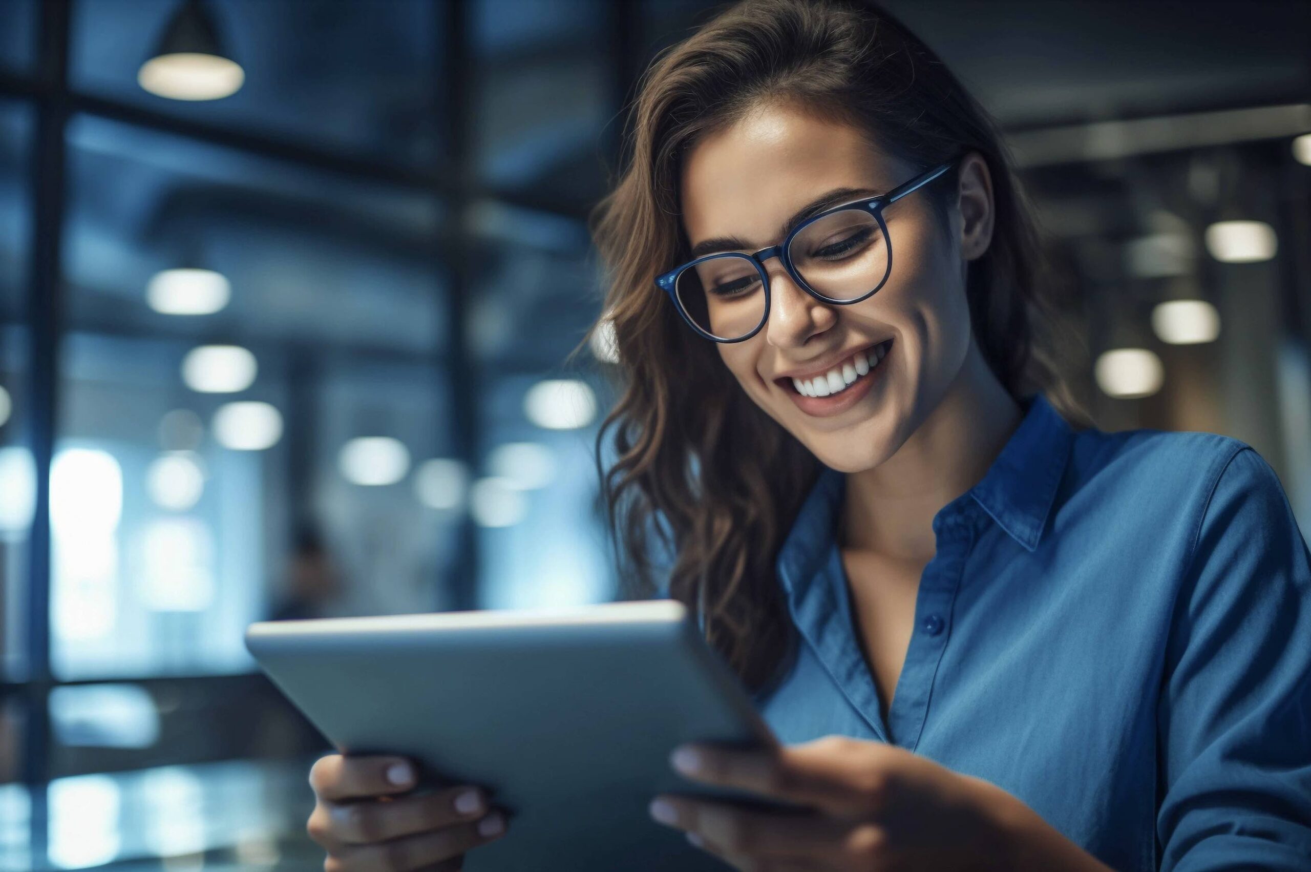 A smiling professional reviewing data on a tablet in a modern office