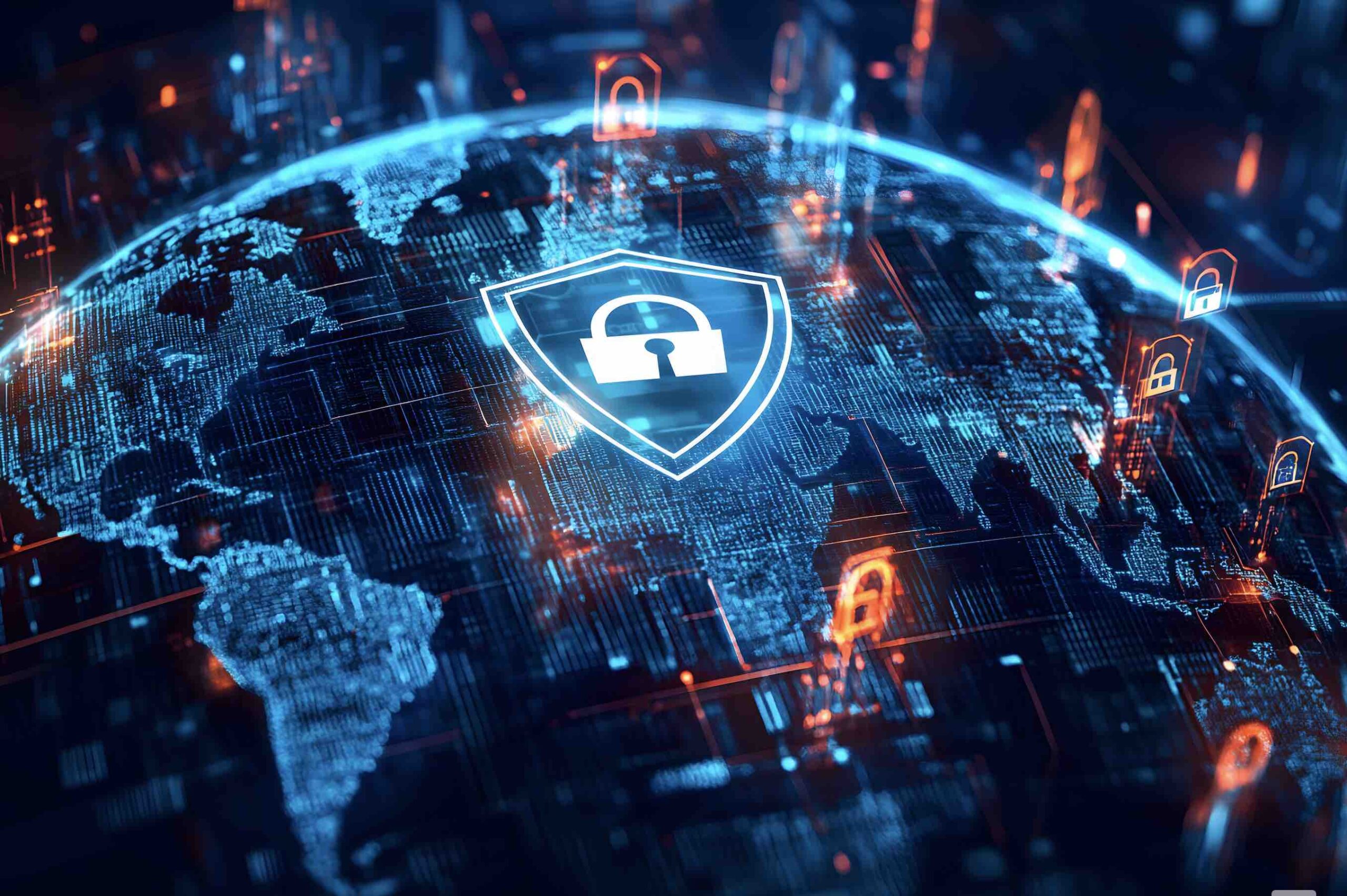 A padlock icon overlaid on a network of secured data connections