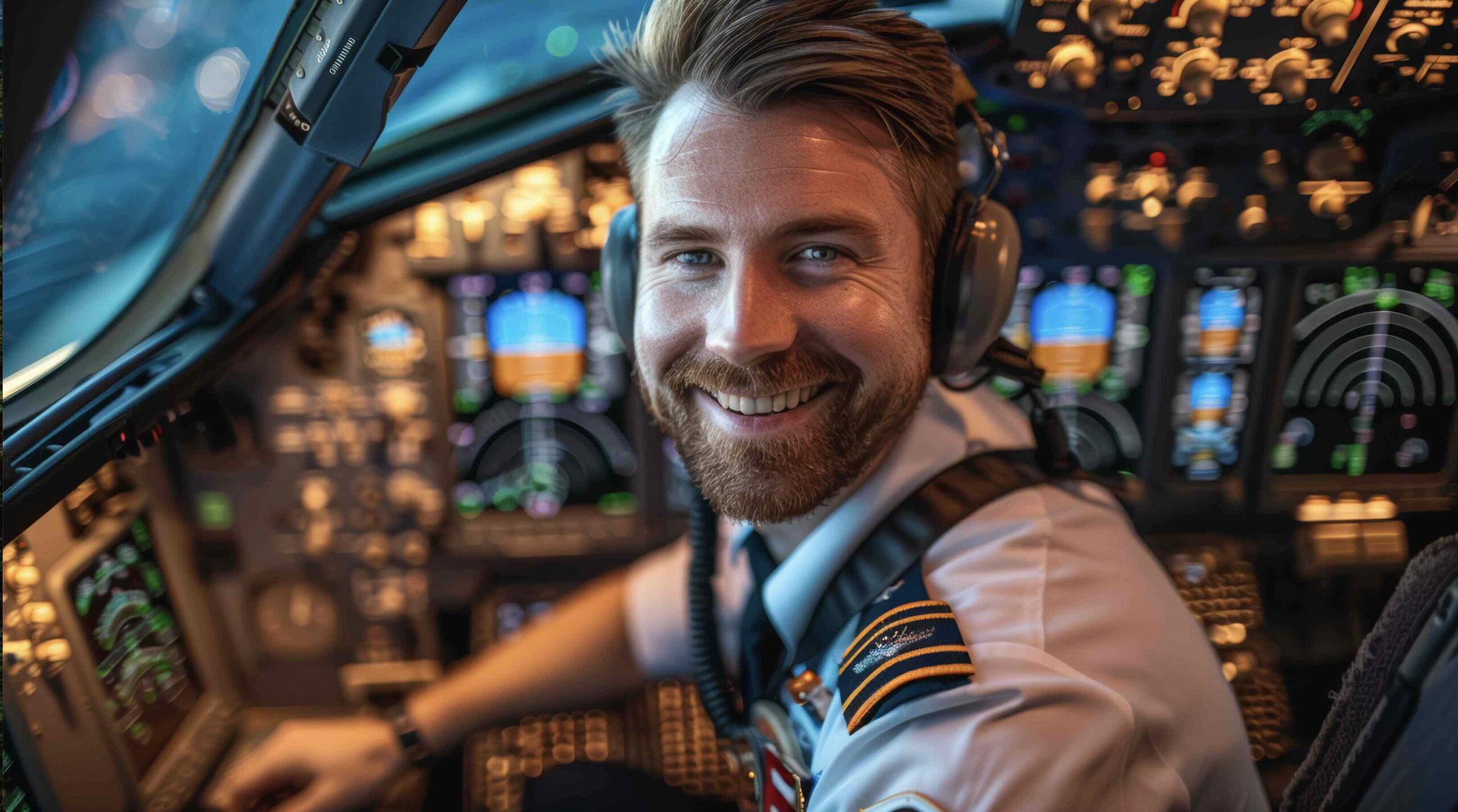 A smiling airline pilot in the cockpit surrounded by instrument panels