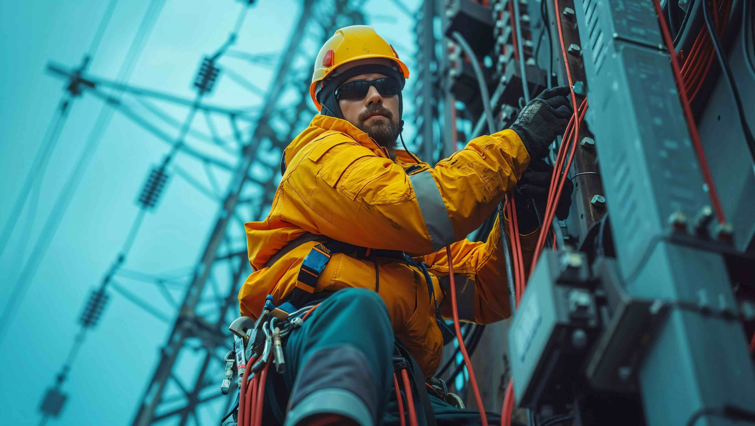 A utility lineman working on high-voltage electrical equipment