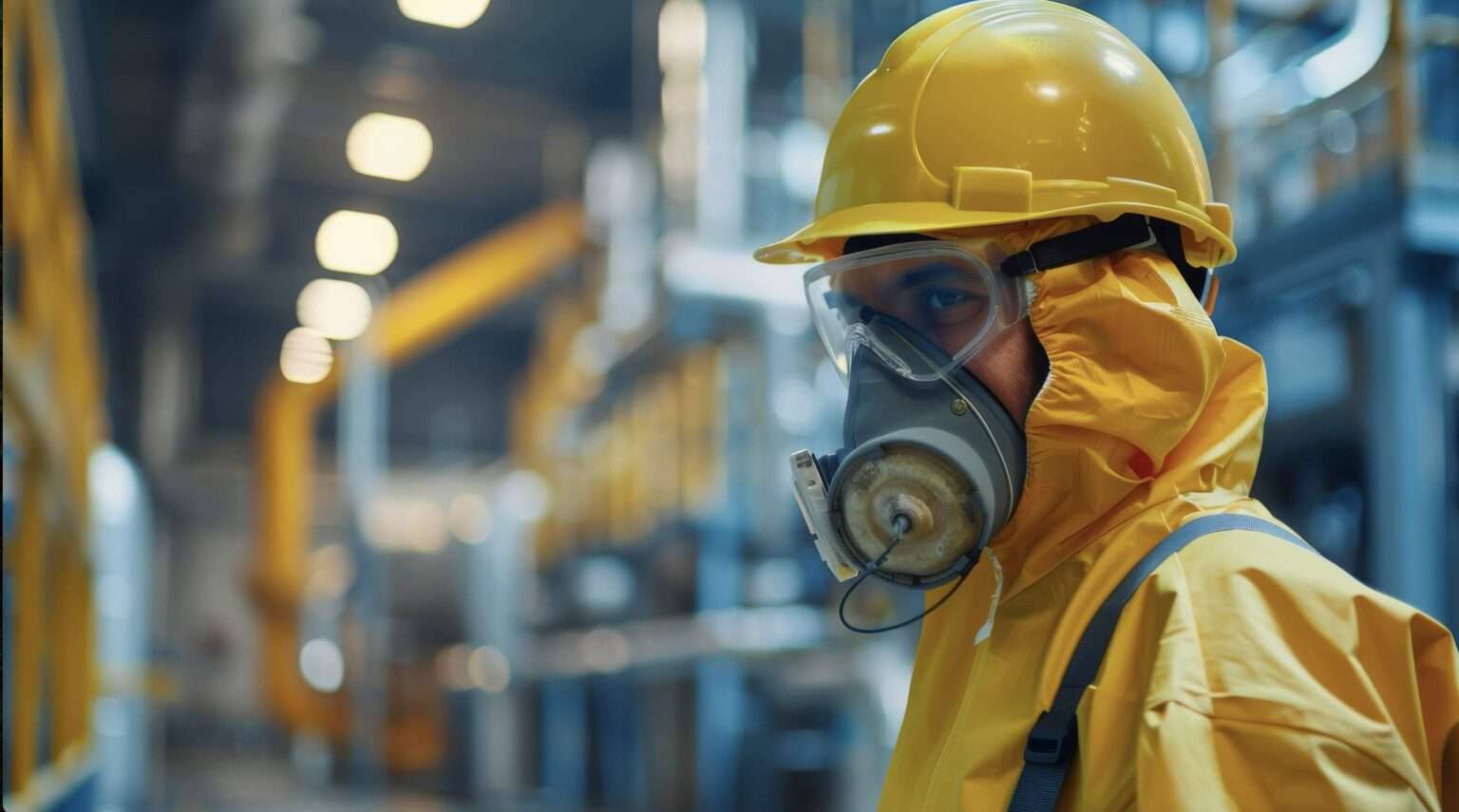 An industrial worker wearing a hard hat and respirator mask